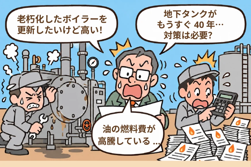 老朽化したボイラー、燃料費高騰、地下タンク対策に悩む施設担当者のイラスト