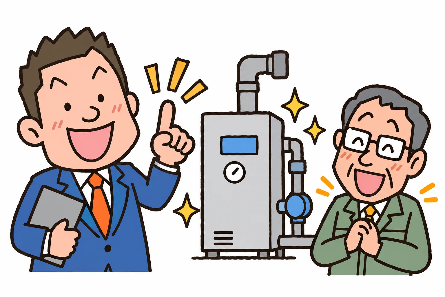 ボイラー更新の費用支援を相談し、設備更新を喜ぶ担当者のイラスト