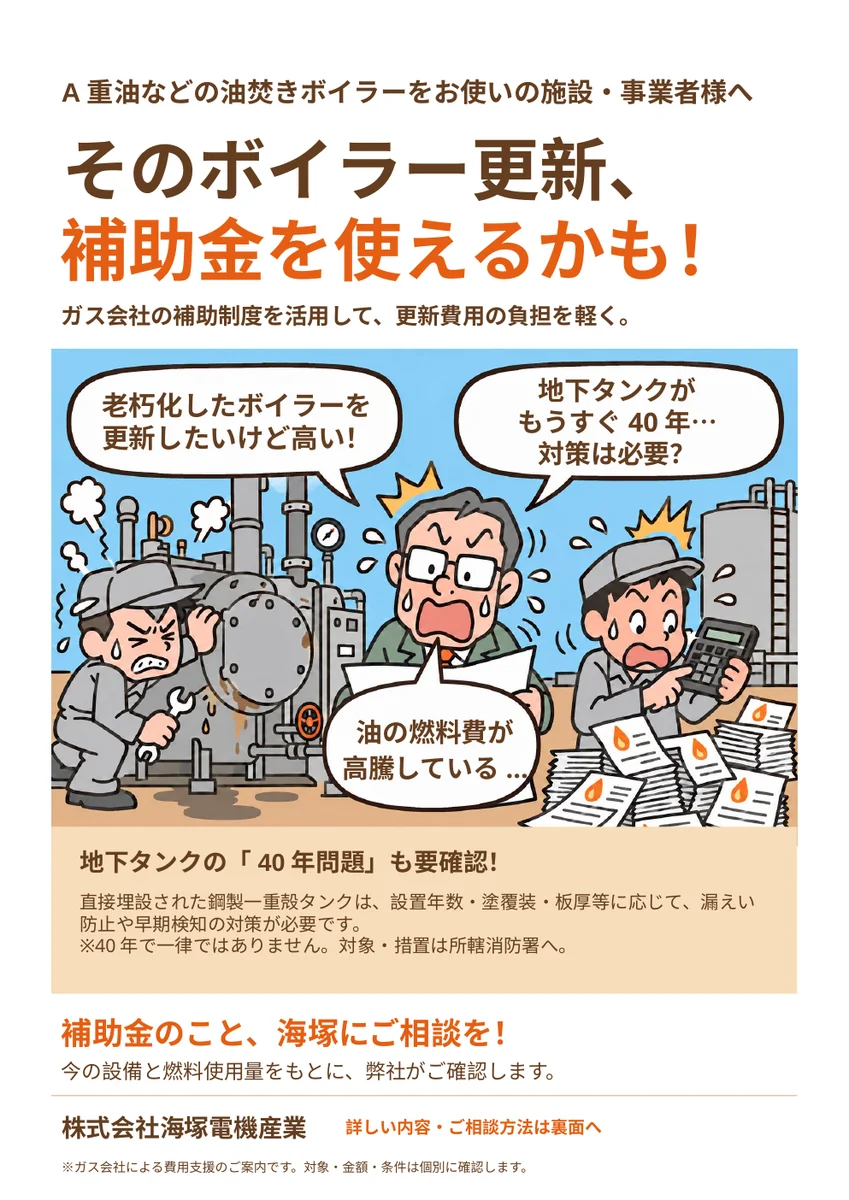 営業パンフレット1ページ目：老朽化したボイラー、燃料費高騰、地下タンク40年問題